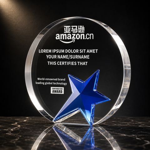 Blue Star Circle Crystal Award - custom crystal awards with your logo